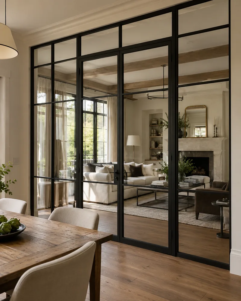 Black steel and glass interior partition with glass door between dining and living room